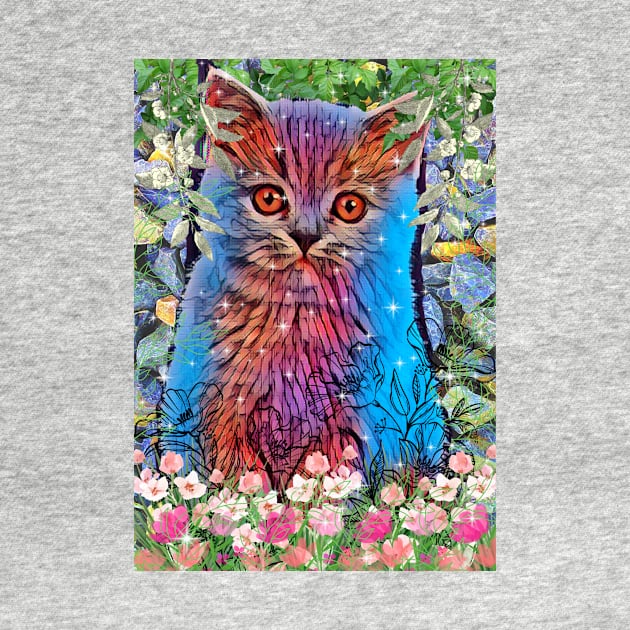 Cute kitten sitting in garden of pink flowers by FineArtMaster